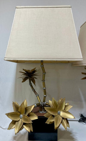 1970's Christian Techoueyres for Maison Jansen Brass Pewter Table Lamp Featuring Succulent Branches (2 Pcs Set)