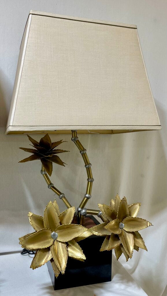 1970's Christian Techoueyres for Maison Jansen Brass Pewter Table Lamp Featuring Succulent Branches (2 Pcs Set)