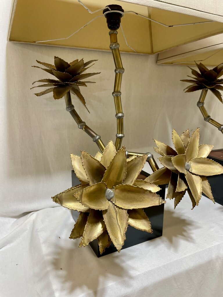 1970's Christian Techoueyres for Maison Jansen Brass Pewter Table Lamp Featuring Succulent Branches (2 Pcs Set)