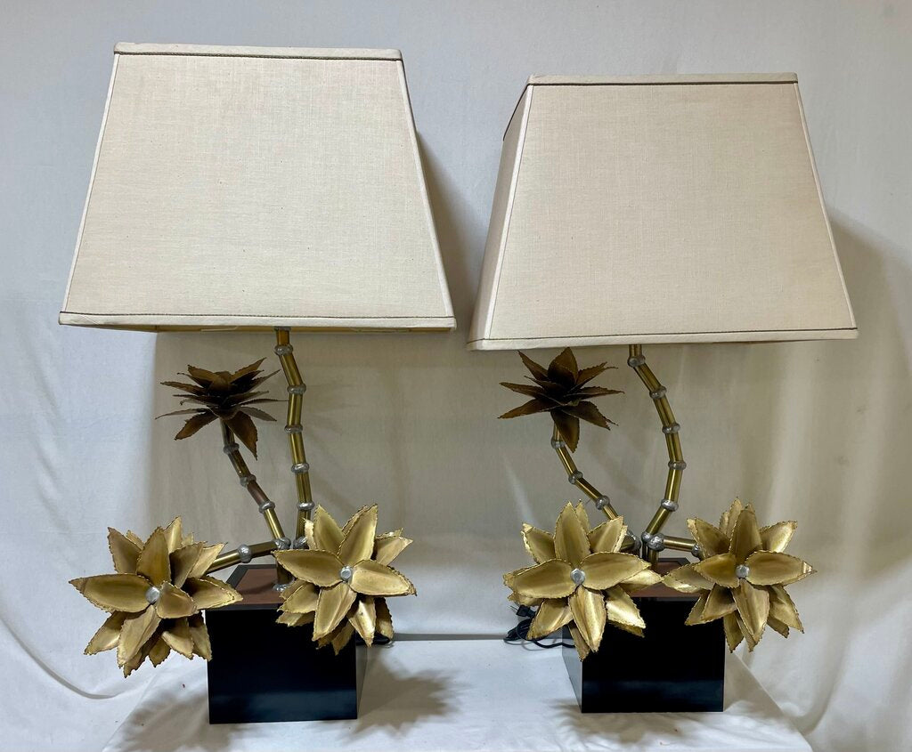 1970's Christian Techoueyres for Maison Jansen Brass Pewter Table Lamp Featuring Succulent Branches (2 Pcs Set)