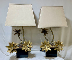 1970's Christian Techoueyres for Maison Jansen Brass Pewter Table Lamp Featuring Succulent Branches (2 Pcs Set)