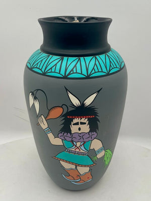 Native American Navajo Mystique Maiden "Yei Bi Chi Dancer" Hand Painted Gray Vase by Dawn