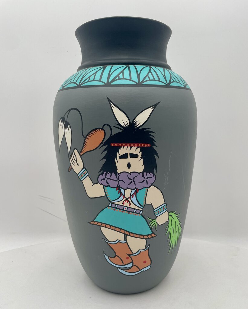 Native American Navajo Mystique Maiden "Yei Bi Chi Dancer" Hand Painted Gray Vase by Dawn