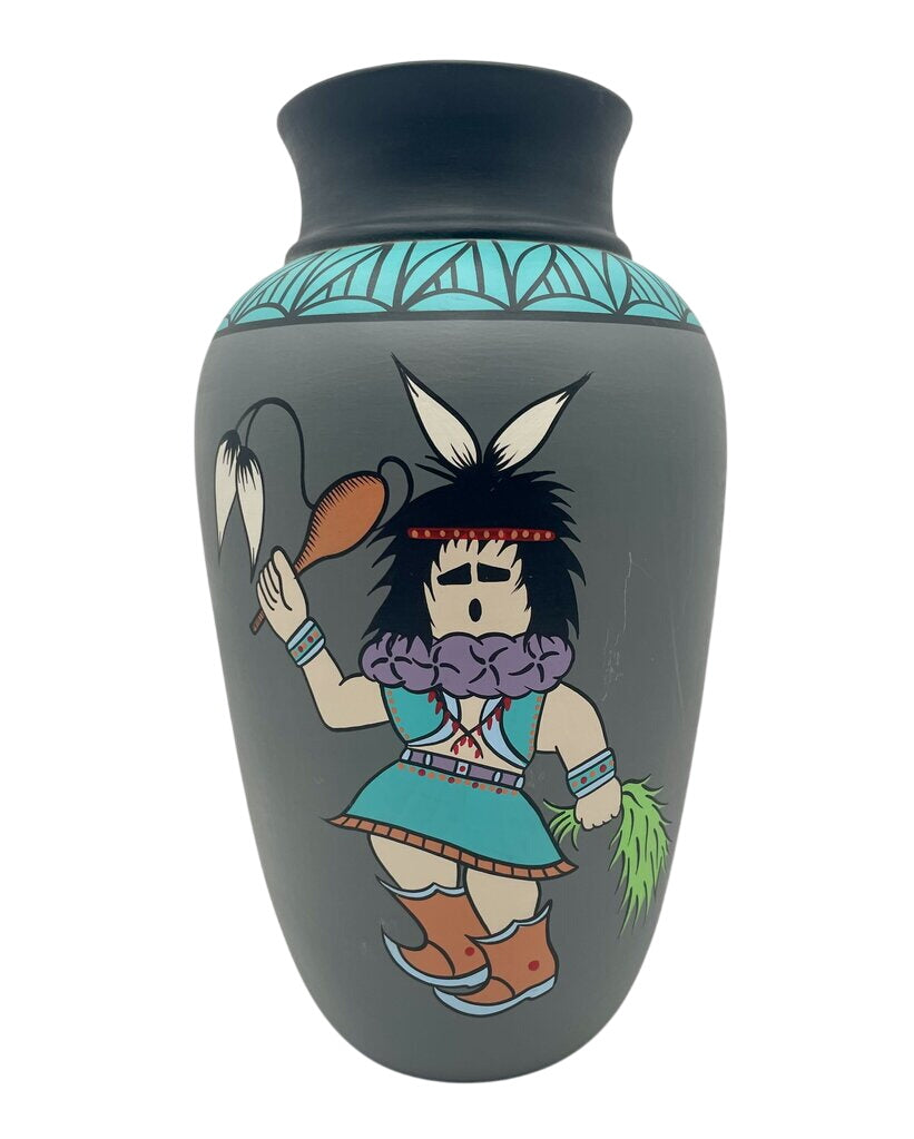 Native American Navajo Mystique Maiden "Yei Bi Chi Dancer" Hand Painted Gray Vase by Dawn by Miss Daisy's Consignment & Auction House