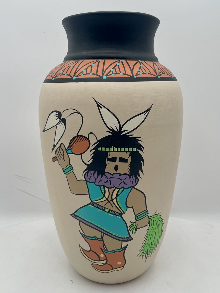 Native American Navajo Mystique Maiden "Yei Bi Chi Dancer" Hand Painted White Vase by Dawn