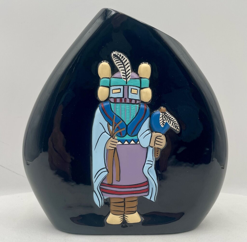Native American Navajo Kopa Black Glaze Painted Relief Kachina Vase by Dawn