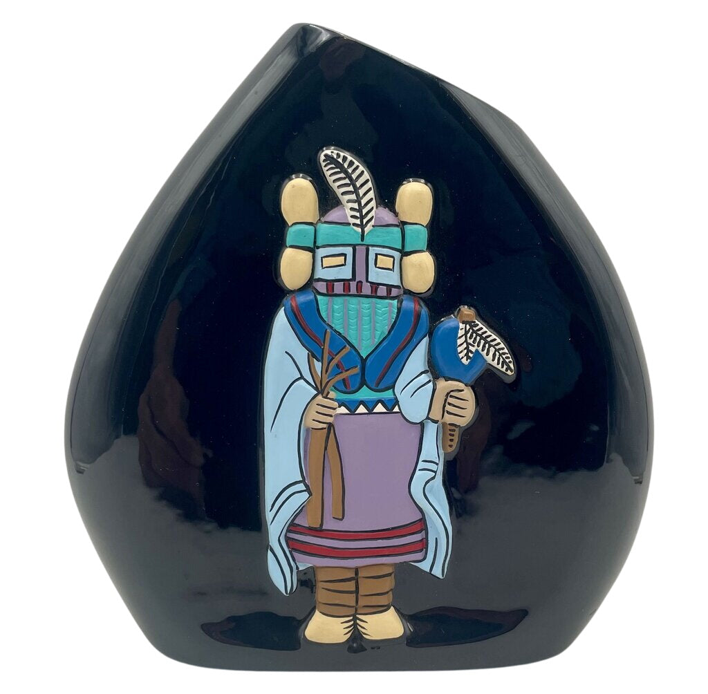 Native American Navajo Kopa Black Glaze Painted Relief Kachina Vase by Dawn by Miss Daisy's Consignment & Auction House