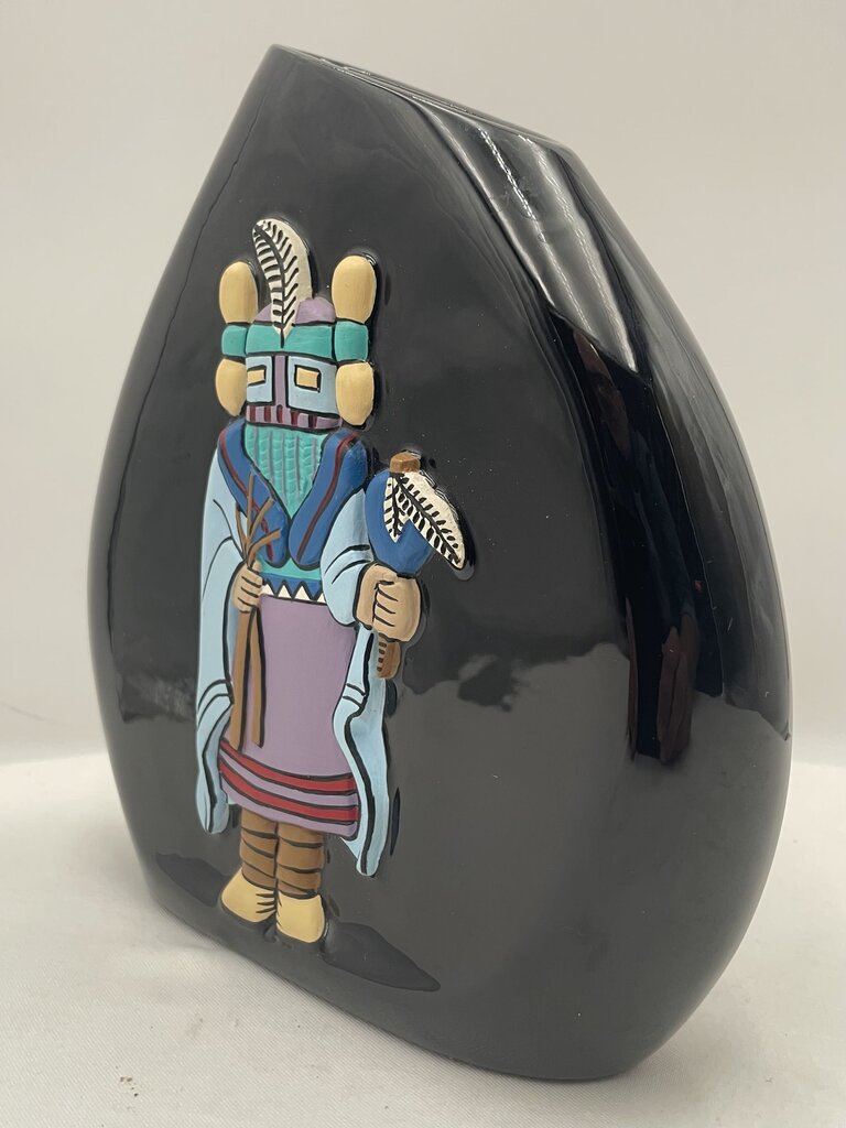 Native American Navajo Kopa Black Glaze Painted Relief Kachina Vase by Dawn