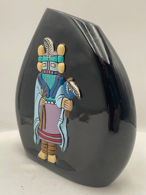 Native American Navajo Kopa Black Glaze Painted Relief Kachina Vase by Dawn