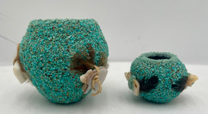 Native American Zuni Crushed Turquoise Mini Spirit Pots MOP Bears & Feathers (Set of 2)