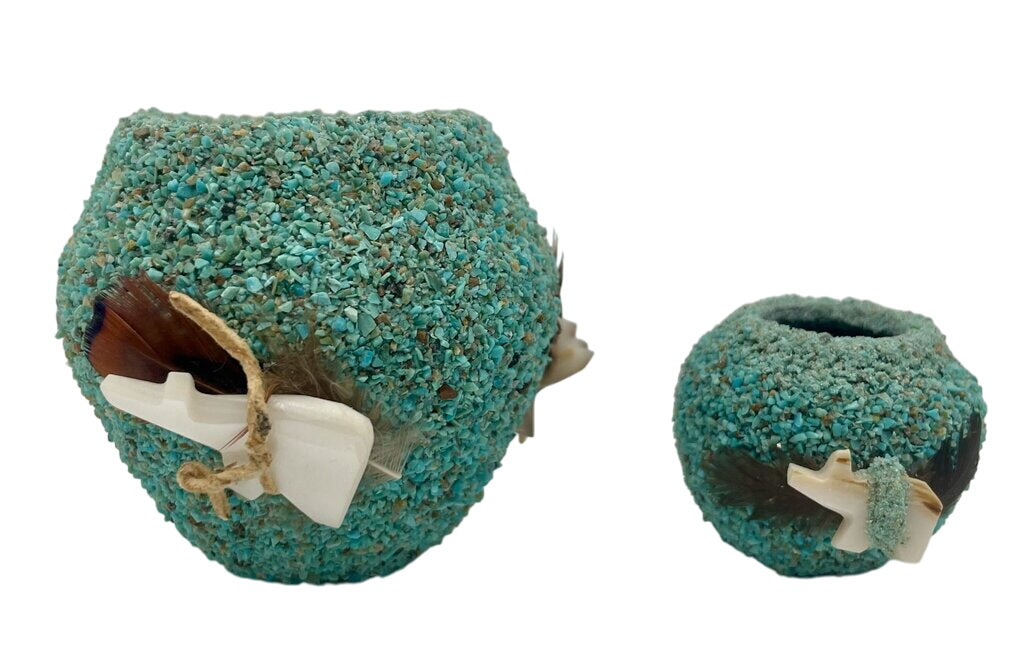Native American Zuni Crushed Turquoise Mini Spirit Pots MOP Bears & Feathers (Set of 2) by Miss Daisy's Consignment & Auction House