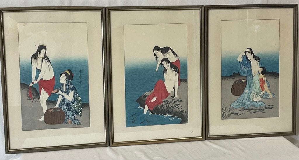 Vintage Kitagawa Utamaro "Awabi Divers" Triptych Woodblock Print Reproductions (3Pcs)