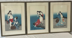 Vintage Kitagawa Utamaro "Awabi Divers" Triptych Woodblock Print Reproductions (3Pcs)