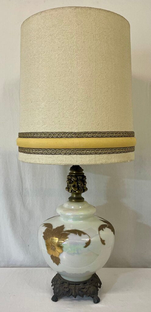 Vintage Hollywood Regency Italian Style Brass & Opalescent Milk Glass Gold Leaf Buffet Console Lamp