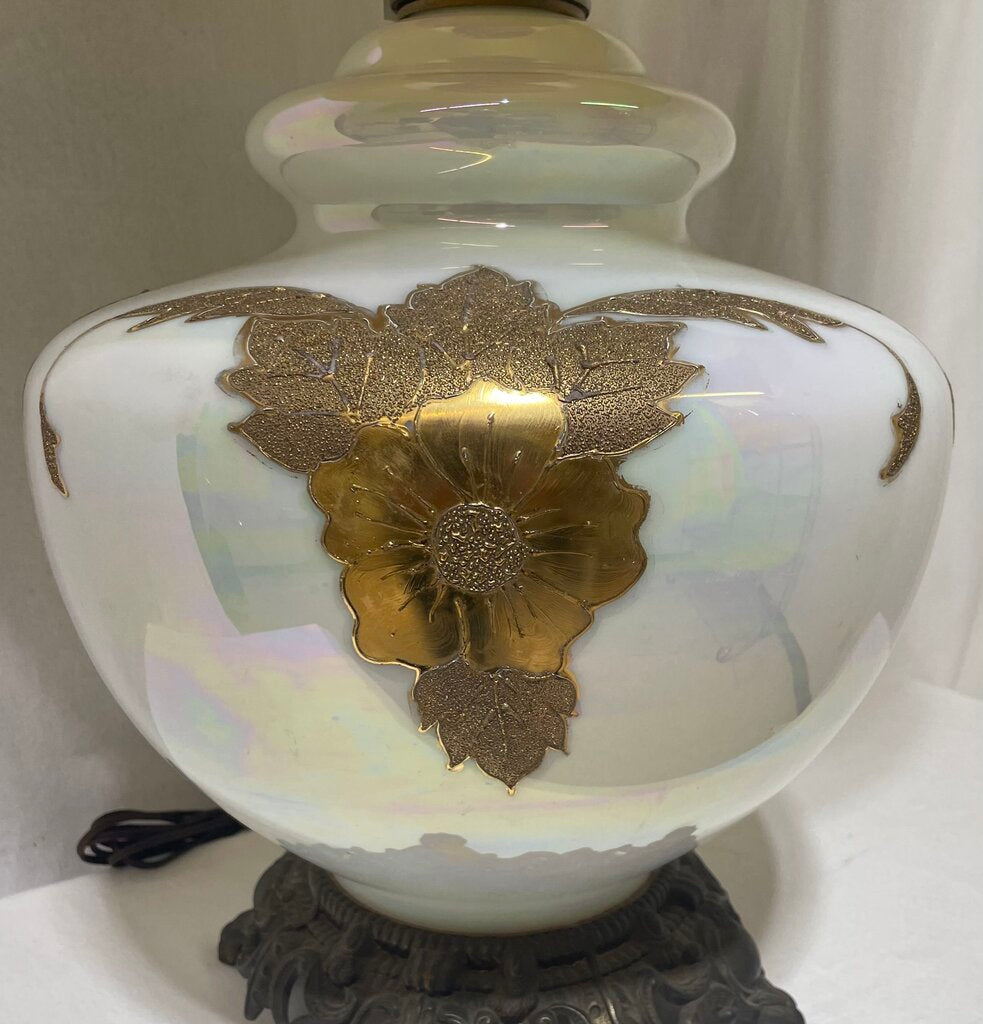 Vintage Hollywood Regency Italian Style Brass & Opalescent Milk Glass Gold Leaf Buffet Console Lamp