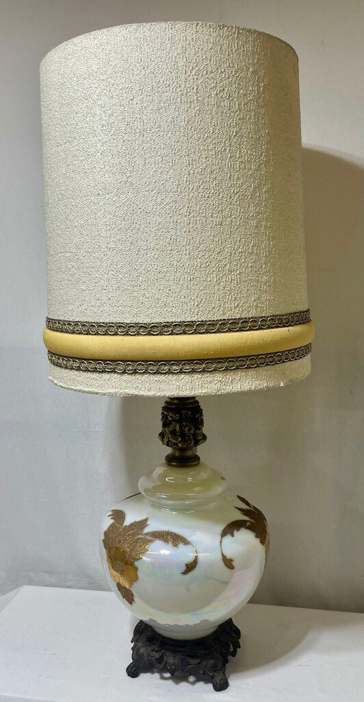 Vintage Hollywood Regency Italian Style Brass & Opalescent Milk Glass Gold Leaf Buffet Console Lamp