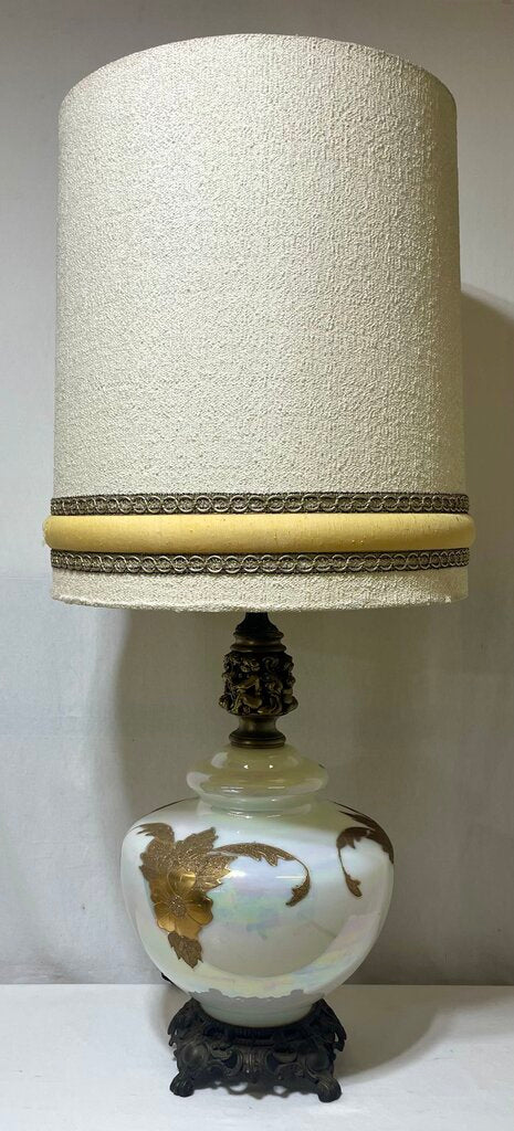 Vintage Hollywood Regency Italian Style Brass & Opalescent Milk Glass Gold Leaf Buffet Console Lamp