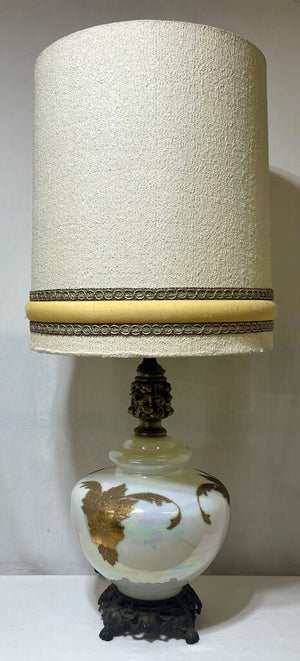 Vintage Hollywood Regency Italian Style Brass & Opalescent Milk Glass Gold Leaf Buffet Console Lamp