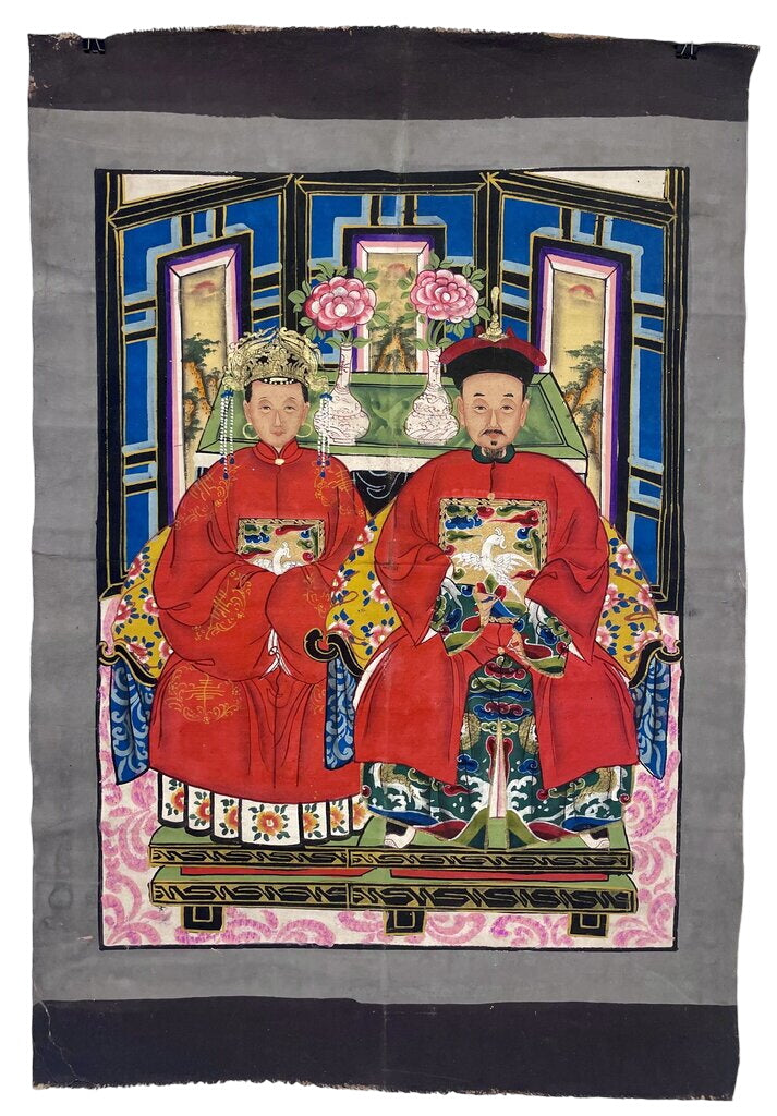 Antique Chinese Qing Dynasty (1644-1912) Ancestor Portrait Scroll Painting on Canvas (Red) by Miss Daisy's Consignment & Auction House