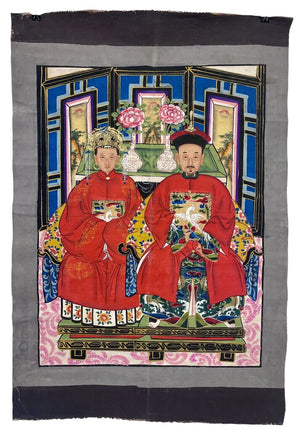 Antique Chinese Qing Dynasty (1644-1912) Ancestor Portrait Scroll Painting on Canvas (Red) by Miss Daisy's Consignment & Auction House