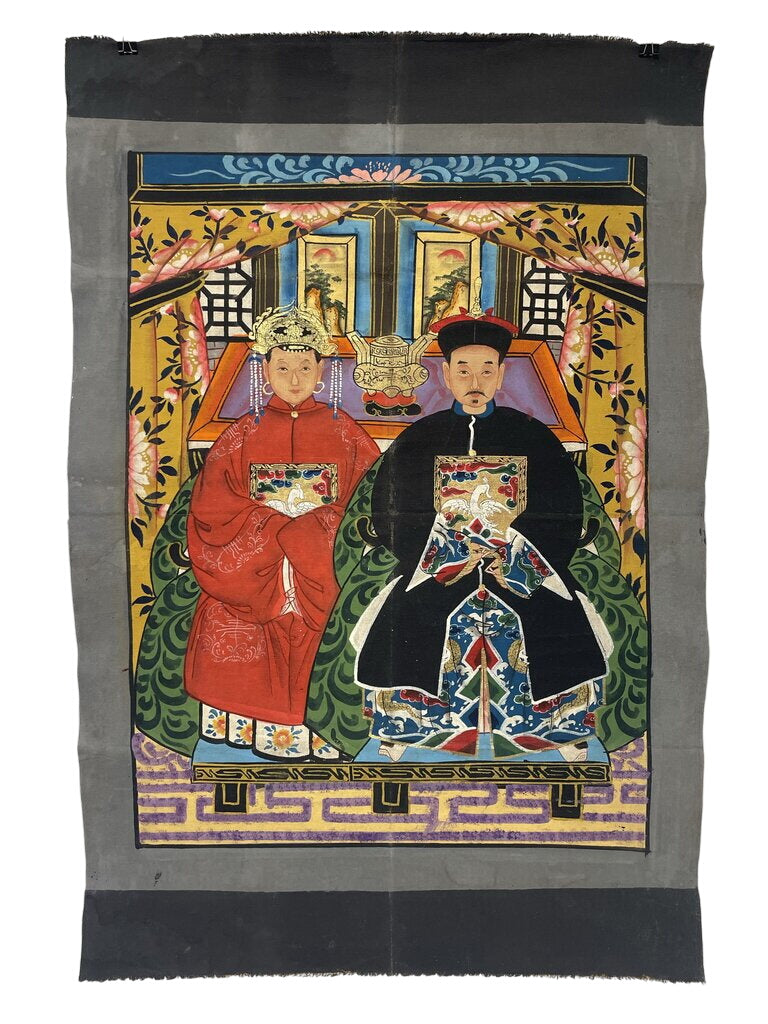 Antique Chinese Qing Dynasty (1644-1912) Ancestor Portrait Scroll Painting on Canvas (Red Black) by Miss Daisy's Consignment & Auction House