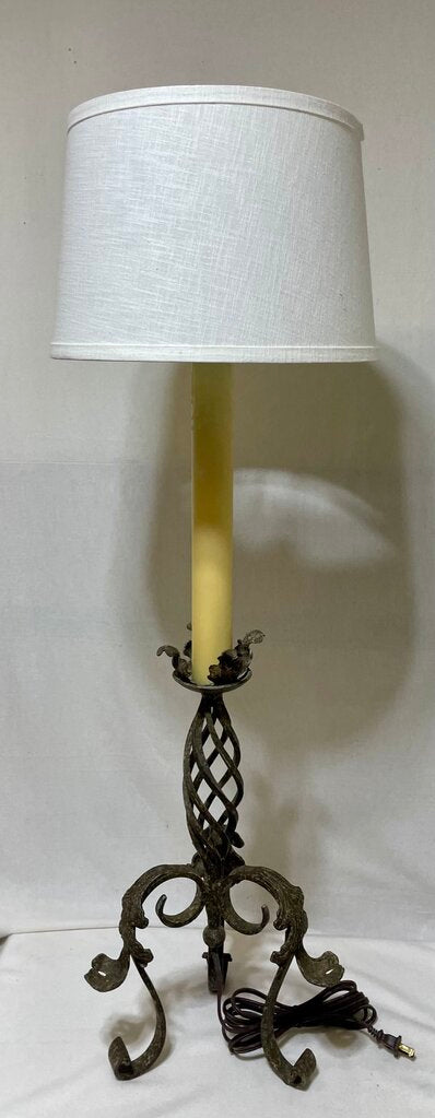 Spanish Revival Style Wrough Iron Twisted Bronze Finish Candlestick Style Console Buffet Lamp