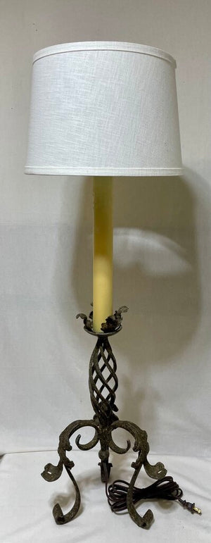 Spanish Revival Style Wrough Iron Twisted Bronze Finish Candlestick Style Console Buffet Lamp
