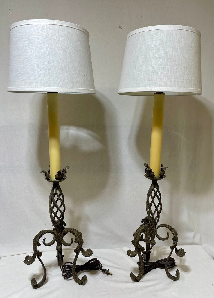 Spanish Revival Style Wrough Iron Twisted Bronze Finish Candlestick Style Console Buffet Lamp