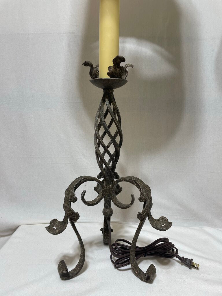 Spanish Revival Style Wrough Iron Twisted Bronze Finish Candlestick Style Console Buffet Lamp