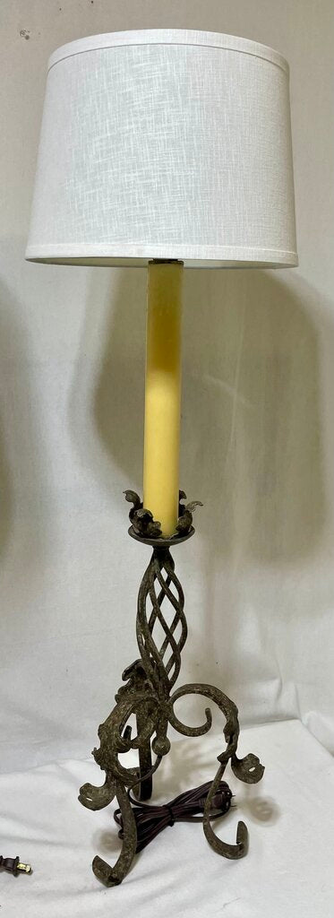 Spanish Revival Style Wrough Iron Twisted Bronze Finish Candlestick Style Console Buffet Lamp