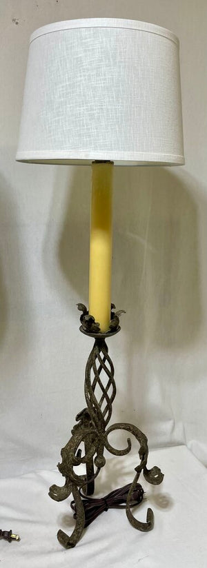 Spanish Revival Style Wrough Iron Twisted Bronze Finish Candlestick Style Console Buffet Lamp