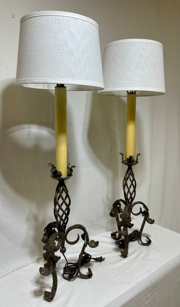 Spanish Revival Style Wrough Iron Twisted Bronze Finish Candlestick Style Console Buffet Lamp