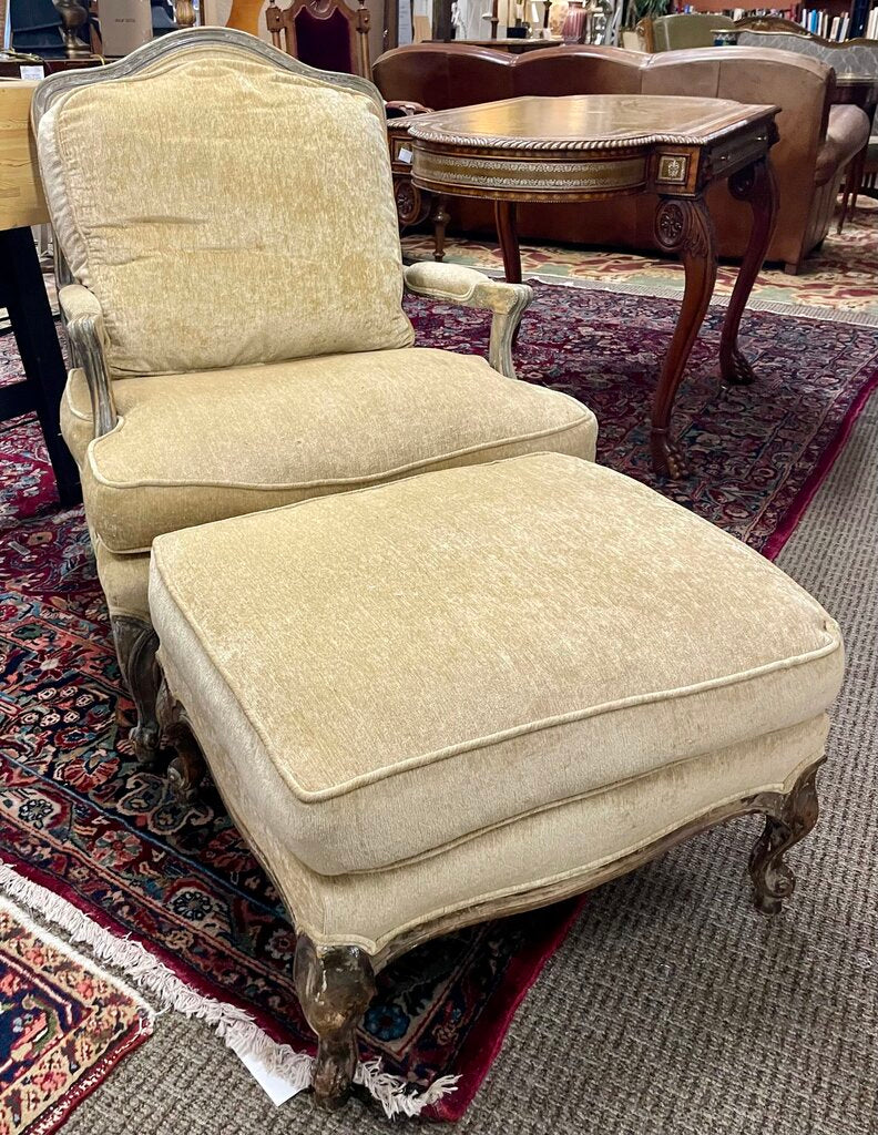 Walnut French Louis XV Style Gold Bergere Chair & Ottoman