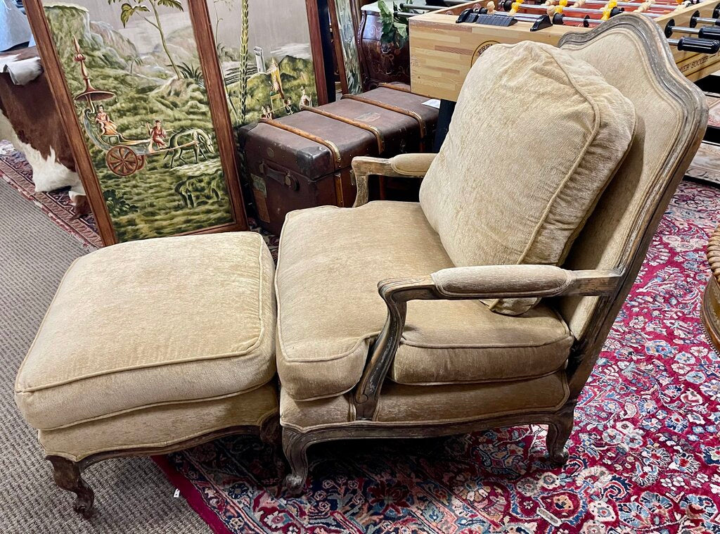 Walnut French Louis XV Style Gold Bergere Chair & Ottoman