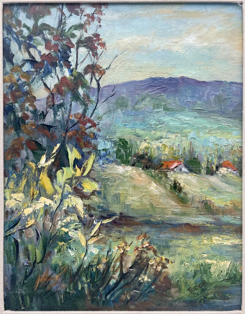 Vintage Still Life Floral Land Scape Oil on Masonite Signed Tudor