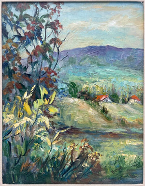 Vintage Still Life Floral Land Scape Oil on Masonite Signed Tudor