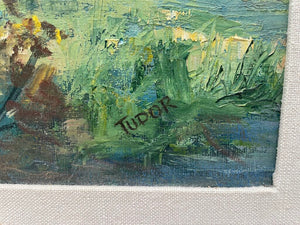 Vintage Still Life Floral Land Scape Oil on Masonite Signed Tudor
