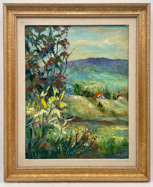 Vintage Still Life Floral Land Scape Oil on Masonite Signed Tudor
