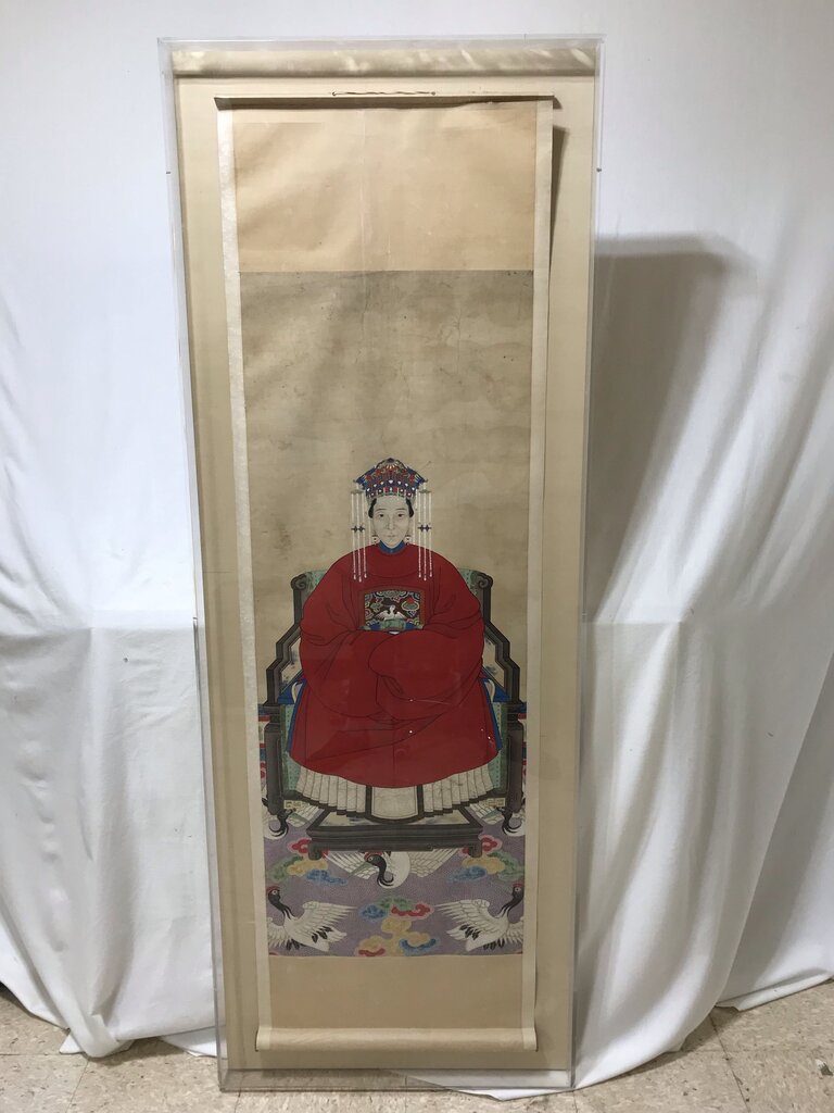 Antique Chinese Ancestor Portrait Scroll (64x20) In Plexiglass Box (70x26)