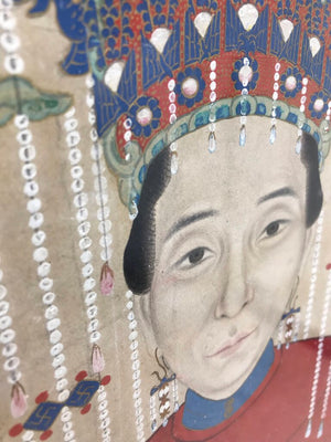 Antique Chinese Ancestor Portrait Scroll (64x20) In Plexiglass Box (70x26)