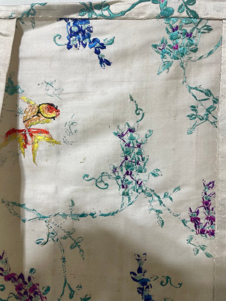 Vintage Off White Asian Style Silk Embroidered Colorful Fish & Blossom Tapestry