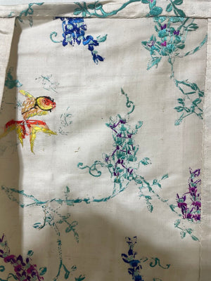 Vintage Off White Asian Style Silk Embroidered Colorful Fish & Blossom Tapestry