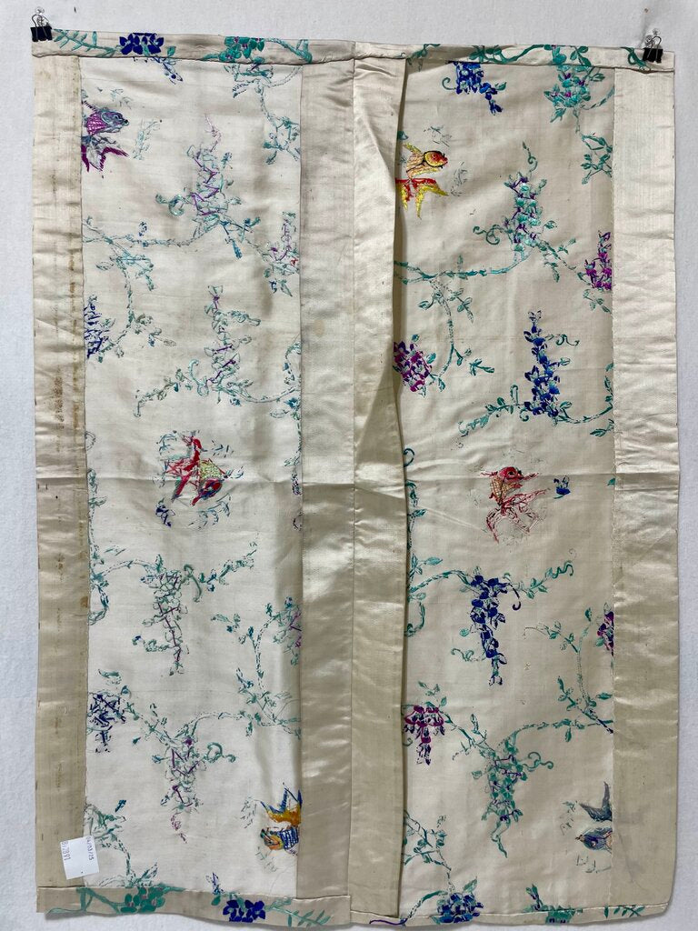 Vintage Off White Asian Style Silk Embroidered Colorful Fish & Blossom Tapestry