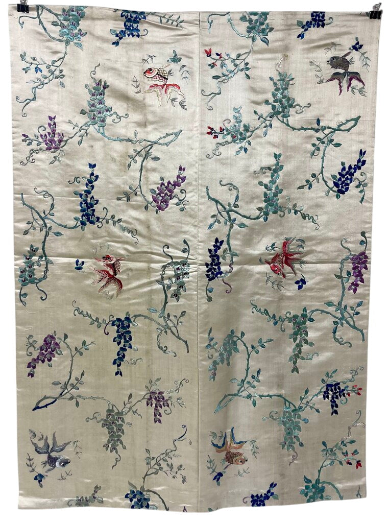 Vintage Off White Asian Style Silk Embroidered Colorful Fish & Blossom Tapestry by Miss Daisy's Consignment & Auction House