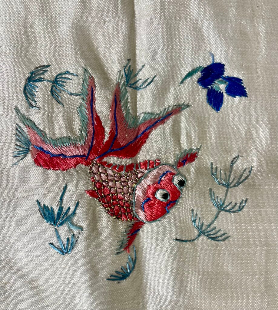 Vintage Off White Asian Style Silk Embroidered Colorful Fish & Blossom Tapestry