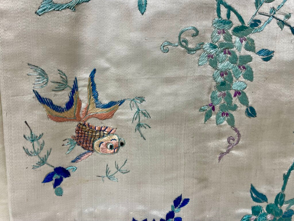Vintage Off White Asian Style Silk Embroidered Colorful Fish & Blossom Tapestry