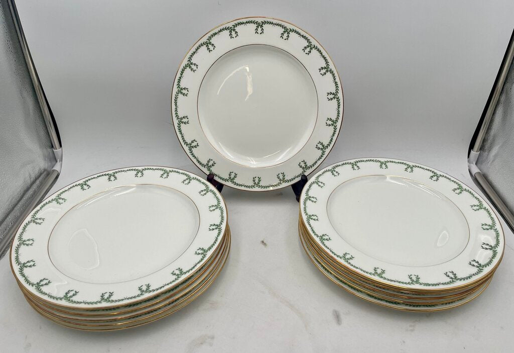 1920's Minton for Tiffany NY Gilt Trim Laurel Wreath Gold Ring Center Dinner Plate Rare Discontinued Design (11Pcs)