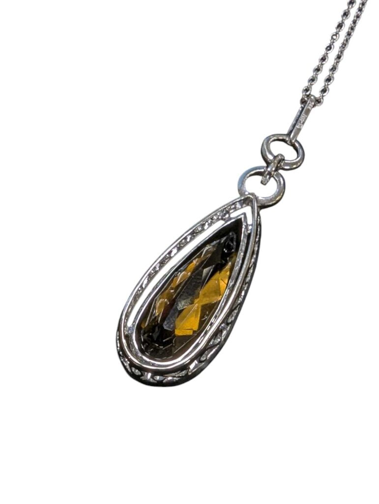 Citrine & Diamond Pendant 14k White Gold