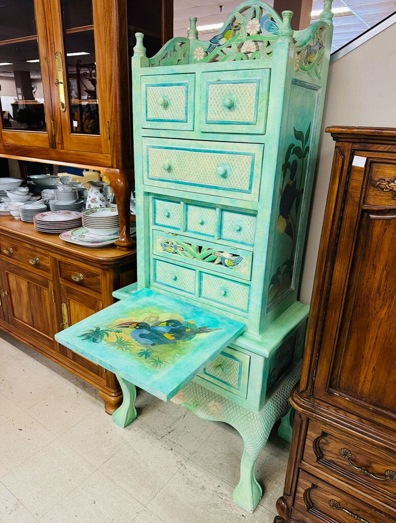 Teal Painted Toucan Secretary w/ Drop Desk 32x19x87