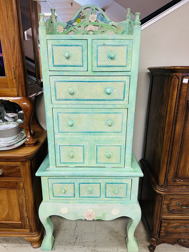 Teal Painted Toucan Secretary w/ Drop Desk 32x19x87